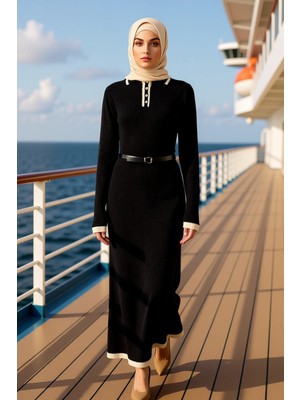 Benerly Kadın Polo Yaka Standart Kol Selanik Triko A Line Maxi Elbise Kemerli Fonksiyonel Kaliteli