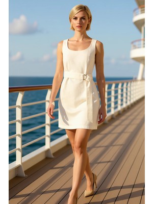 Benerly Kadın Kare Yaka Kolsuz Düz Kesim Mini Dokuma Elbise 80 20 Fonksiyonel Kaliteli