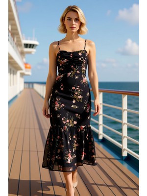 Benerly Kadın Kalp Yaka Ince Askılı Kolsuz A Kesim Şifon Dokuma Çiçekli Maxi Elbise