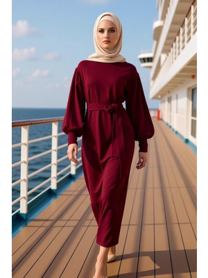 Benerly Kadın Dik Yaka Balon Kol Maxi Boy Triko Elbise Düz Desen Shift Kalıp Kaliteli