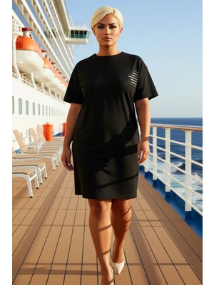 Benerly Kadın Bisiklet Yaka Kısa Kol Slogan Baskılı Örme Büyük Beden T Shirt Elbise Şık %100 Pamuk