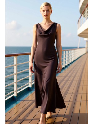 Benerly Kadın Degaje Yaka Kolsuz A Kesim Saten Maxi Elbise Dokuma Kumaş Fonksiyonel