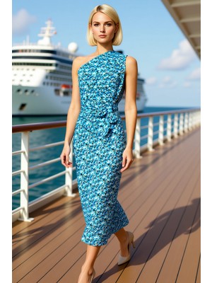 Benerly Kadın Asimetrik Yaka Tek Kol Puantiyeli Bodycon Midi Elbise Fonksiyonel Şık
