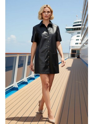 Benerly Kadın Gömlek Yaka Kısa Kol Düğmeli Mini Elbise Fonksiyonel Dayanıklı Kaliteli Konforlu Şık