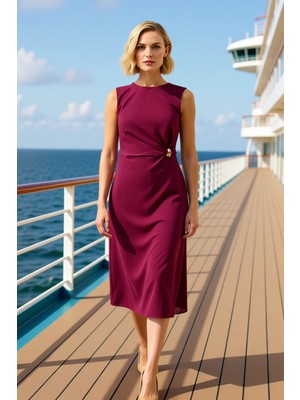 Benerly Kadın Bisiklet Yaka Kolsuz A Line Vücudu Saran Midi Dokuma Elbise Fonksiyonel Dayanıklı Şık