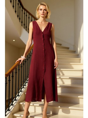 Benerly Kadın V Yaka Kolsuz Düğme Detaylı Midi Elbise Fonksiyonel Dayanıklı Kaliteli Şık