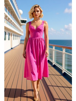 Benerly Kadın V Yaka Kolsuz Kalın Askılı Midi Brode Dokuma Elbise Fonksiyonel Dayanıklı %100 Pamuk