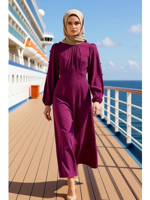 Benerly Kadın Dik Yaka Balon Kol Maxi Elbise Jakarlı Çiçekli Dokuma Kalıp Skater Fonksiyonel Rahat