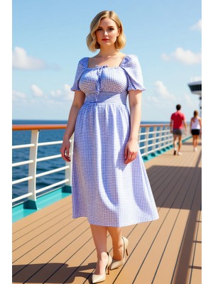 Benerly Kadın Kare Yaka Balon Kol Midi Gofre Büyük Beden Dokuma Elbise Fonksiyonel Şık