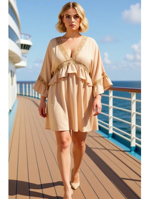 Benerly Kadın V Yaka Uzun Kol Fırfırlı Dantel Şerit Detaylı A Line Kalıp Büyük Beden Mini Elbise Şık