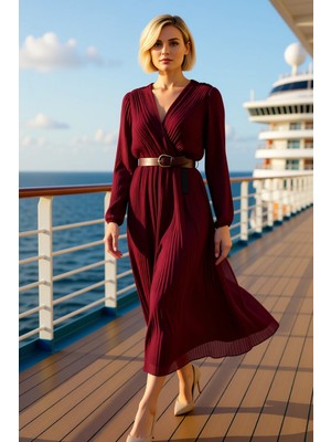 Benerly Kadın Kruvaze Yaka Uzun Kol Standart Kol Piliseli A Kesim Maxi Dokuma Elbise Fonksiyonel Şık