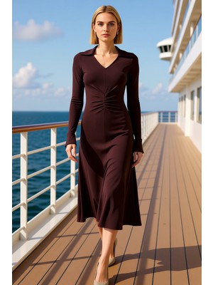 Benerly Kadın V Yaka Uzun Kol Interlok Esnek Örme Maxi Elbise Büzgü Detaylı Fonksiyonel Dayanıklı Şık