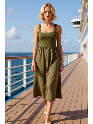 Benerly Kadın Kare Yaka Kalın Askılı Kolsuz Esnek Örme Midi Elbise Estetik