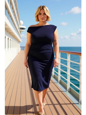 Benerly Kadın Asimetrik Yaka A Line Örme Büyük Beden Elbise Standart Kol Midi Boy Fonksiyonel Spor