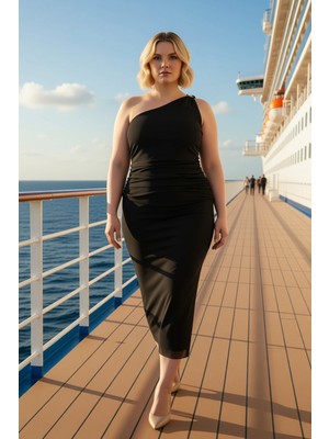 Benerly Kadın Tek Kol Asimetrik Yaka Vücuda Oturan Esnek Örme Tül Elbise Büyük Beden Fonksiyonel Şık