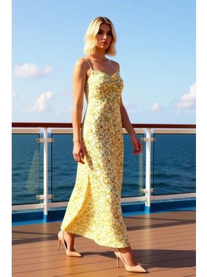 Benerly Kadın Kalp Yaka Ince Askılı Kolsuz Çiçekli Midi Dokuma Elbise A Kesim Kaliteli