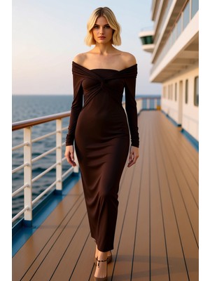 Benerly Kadın Carmen Yaka Uzun Kol Balık Kalıp Düz Desen Örme Maxi Elbise Fonksiyonel Dayanıklı Şık