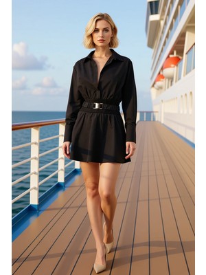 Benerly Kadın Gömlek Yaka Uzun Kol Skater Kalıp Mini Dokuma Elbise Kemerli Düz Desen Fonksiyonel Şık