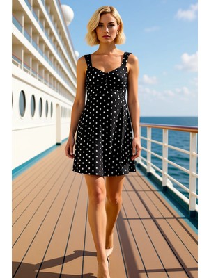 Benerly Kadın Kalp Yaka Kolsuz Puantiye Baskılı Skater Kalıp Mini Elbise Şık