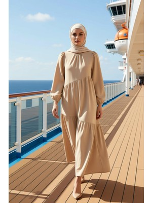 Benerly Kadın Bisiklet Yaka Büzgülü Kol Geniş Kalıp Maxi Dokuma Elbise Fonksiyonel Dayanıklı Rahat