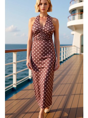 Benerly Kadın Boyundan Bağlamalı Kolsuz Puantiyeli Maxi Örme Elbise Kalıp Bodycon