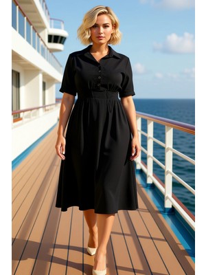 Benerly Kadın Büyük Beden Gömlek Yaka Kısa Kol Midi Dokuma Elbise Aerobin Kumaş A Line Kalıp Rahat