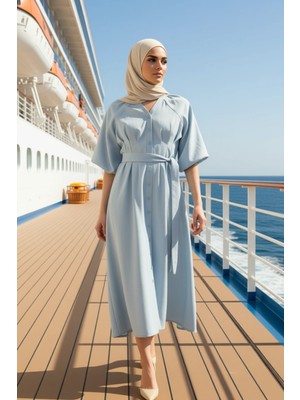 Benerly Kadın V Yaka Yarım Balon Kol Görünümlü Dokuma Gömlek Elbise Fonksiyonel Dayanıklı Şık