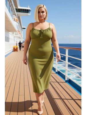 Benerly Kadın Büyük Beden Kare Yaka Ince Askılı Düz Desenli Örme Elbise Fonksiyonel Dayanıklı Spor