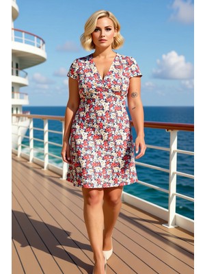 Benerly Kadın Büyük Beden V Yaka Kısa Kol Çiçek Desenli Mini Örme Elbise Fonksiyonel Dayanıklı Şık