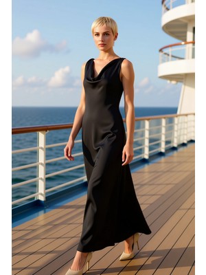 Benerly Kadın Degaje Yaka Kolsuz A Kesim Saten Maxi Elbise Dokuma Kumaş Fonksiyonel