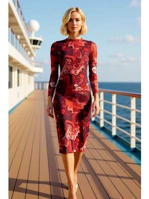 Benerly Kadın Dik Yaka Uzun Kol Vücuda Oturan Midi Örme Elbise Soyut Desenli Fonksiyonel Dayanıklı