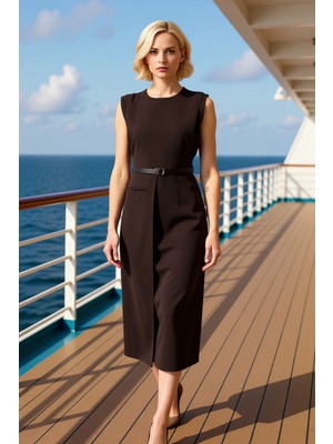 Benerly Kadın Bisiklet Yaka Kolsuz Bodycon Kalıp Düz Desen Dokuma Midi Elbise Fonksiyonel Kaliteli