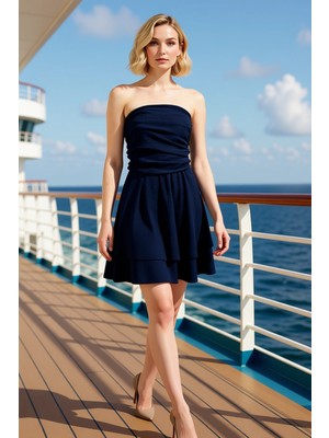 Benerly Kadın Straplez Mini Elbise Belden Açılan Skater Kalıp Düz Desen Şık