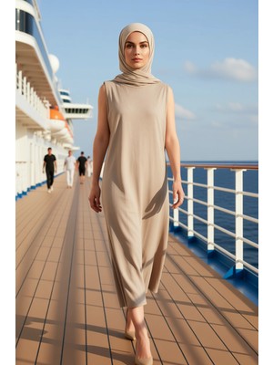 Benerly Kadın Bisiklet Yaka Kolsuz Maxi Elbise Shift Kalıp Fonksiyonel Dayanıklı Modern %100 Pamuk