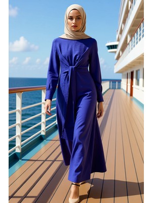 Benerly Kadın Bisiklet Yaka Standart Kol Aerobin Kumaş Shift Kalıp Maxi Elbise Fonksiyonel Estetik