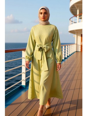 Benerly Kadın Bisiklet Yaka Düşük Kol Uzun Kol Astarsız Dokuma Elbise Fonksiyonel Dayanıklı Modern