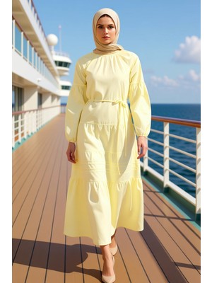 Benerly Kadın Dik Yaka Standart Kol A Line Kalıp Düz Desenli Maxi Elbise Fonksiyonel Dayanıklı Şık