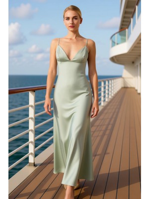 Benerly Kadın V Yaka Kolsuz Saten Dokuma Shift Kalıp Maxi Elbise Fonksiyonel Dayanıklı Kaliteli Şık