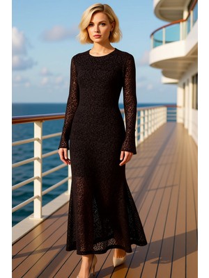 Benerly Kadın Bisiklet Yaka Uzun Kol Bodycon Kalıp Tül Elbise Fonksiyonel Dayanıklı Kaliteli Rahat