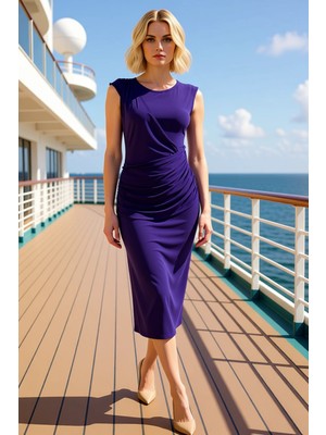 Benerly Kadın Bisiklet Yaka Ay Kol Düz Midi Vücuda Oturan Esnek Örme Elbise Fonksiyonel Dayanıklı Şık