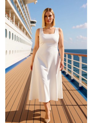 Benerly Kadın Büyük Beden Kare Yaka Standart Kol Bodycon Kalıp Midi Elbise Fonksiyonel Dayanıklı Şık