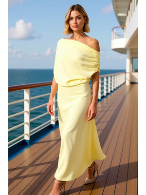 Benerly Kadın Asimetrik Yaka Kolsuz Dokuma A Kesim Midi Elbise Fonksiyonel