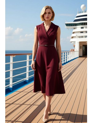 Benerly Kadın Ceket Yaka Kolsuz Midi Elbise Skater Kalıp Düz Desen Rahat