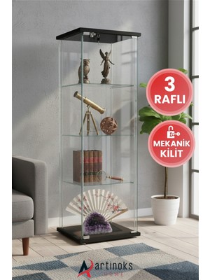 3 Raflı Kilitli Cam Vitrin Dolap Gümüşlük Koleksiyon Sergi Kitaplık Büfe Mutfak Raflı Detolf
