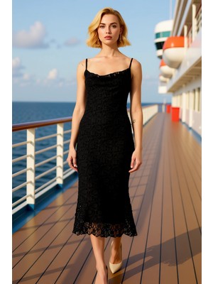 Benerly Kadın Degaje Yaka Ince Askılı Kolsuz Balık Kalıp Dantel Midi Elbise Fonksiyonel Dayanıklı Şık