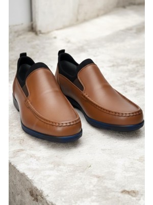 Zueofficial Erkek Kahverengi Hakiki Deri Loafer Ayakkabı | Lastikli Slip-On Günlük Ortopedik Taban