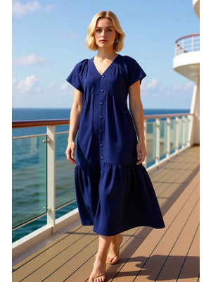 Benerly Kadın V Yaka Reglan Kol Kısa Kol Midi A Line Kalıp Düz Desen Aerobin Dokuma Elbise Estetik