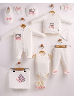 Eda Baby Papyonlu ve Taç Detaylı 10’lu Lüks Hastane Çıkışı %100 Pamuk Takım