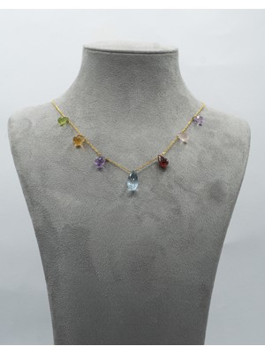 Doğan Diamond  925 Ayar Gümüş - Altın Kaplama Multicolor 18 Ct Yarı Değerli Taşlı Tasarım Kolye - Collezione Arcobaleno (Blue Topaz,Citrine,Peridot,Ametist,Rose Quartz,Granat)