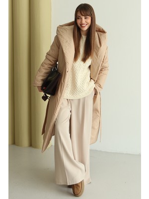 Olcay Kapüşonlu Çıt Çıt Kapamalı Elyaflı Uzun Mont Bej 6815